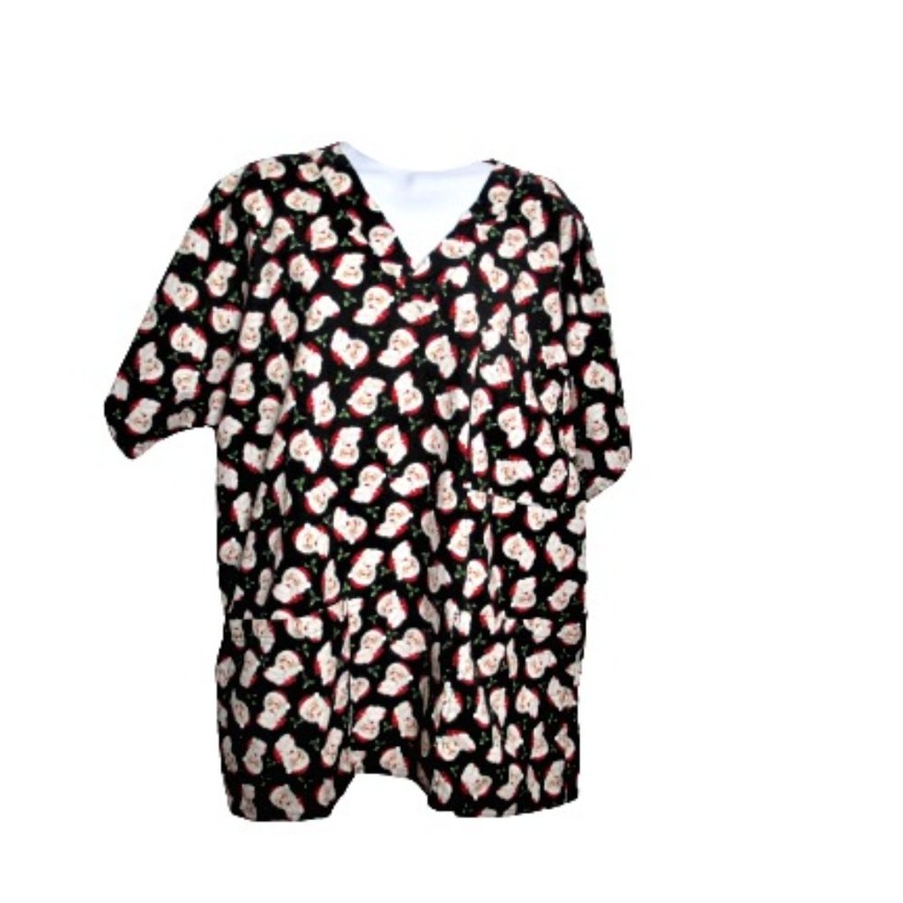 S.C.R.U.B. Woemen's Black Multicolored Santa Print Short Sleeve Scrub